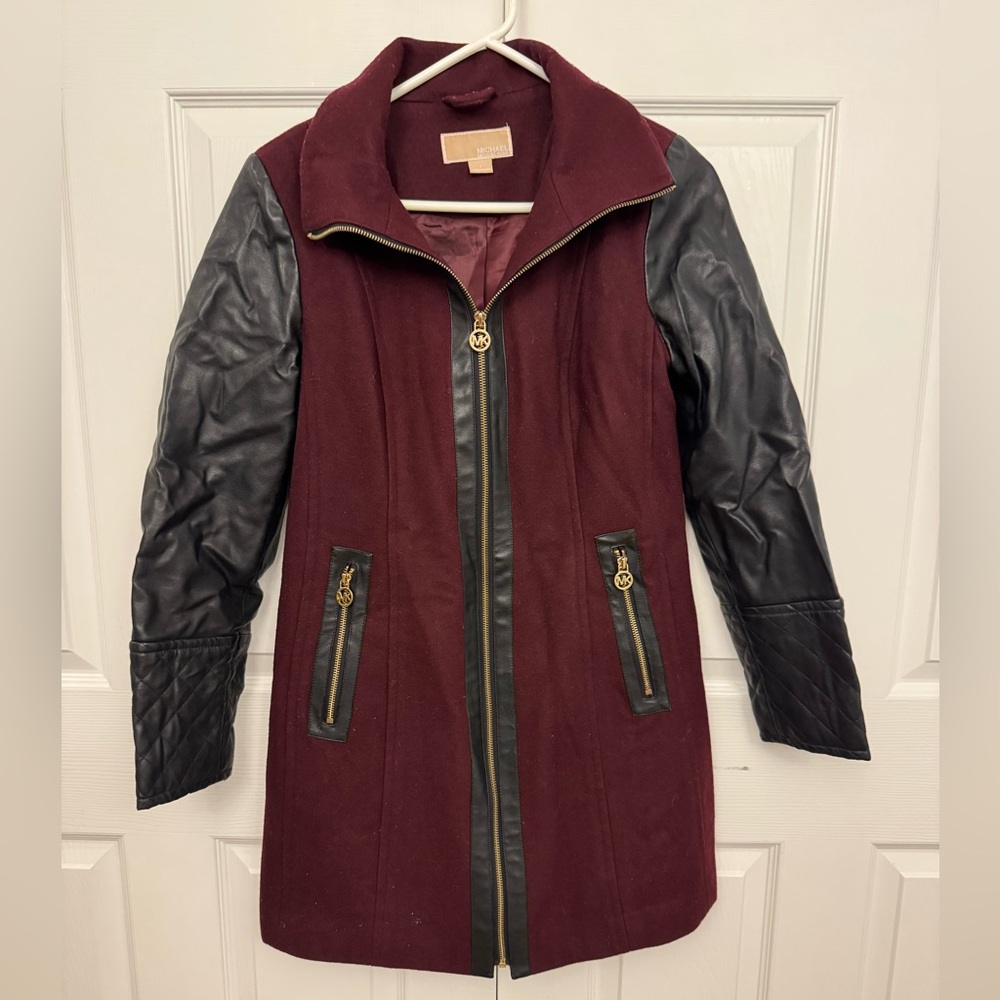 Michael Kors Burgundy Wool and Black Leather Jacket
